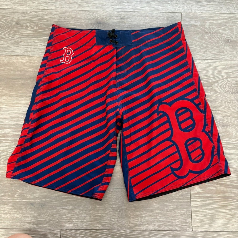 Mens Blue Red Striped MLB Boston Red Sox Diagonal Flag Boardshorts‎ Size 40